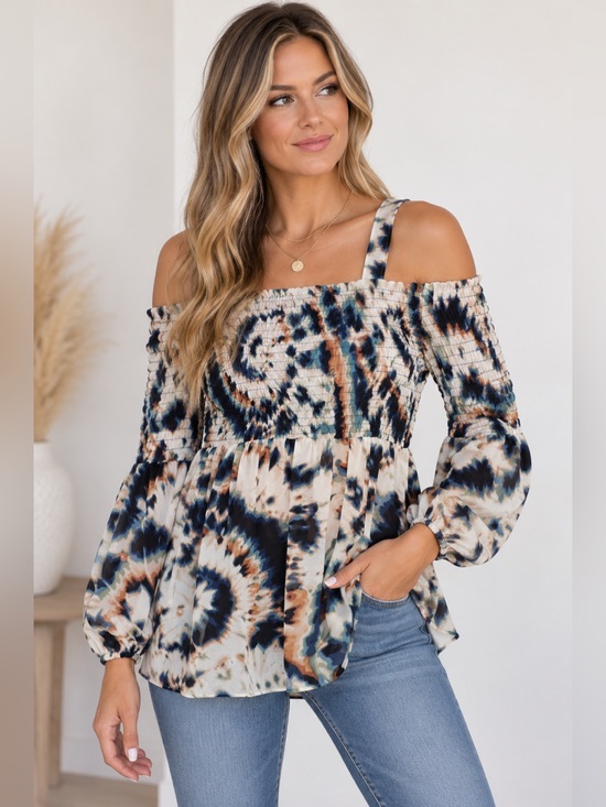 BCBGeneration Tops - BCBGeneration Multicolor Tie Dye Smocked Off The Shoulder Long Sleeve Top